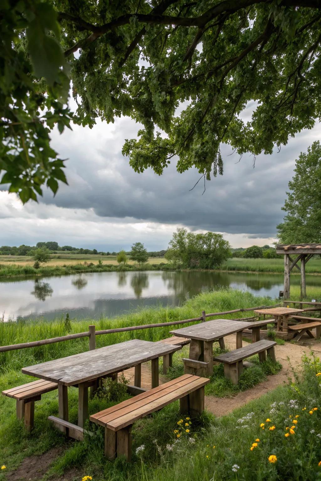 A cozy nook by the pond offers a perfect spot for relaxation.