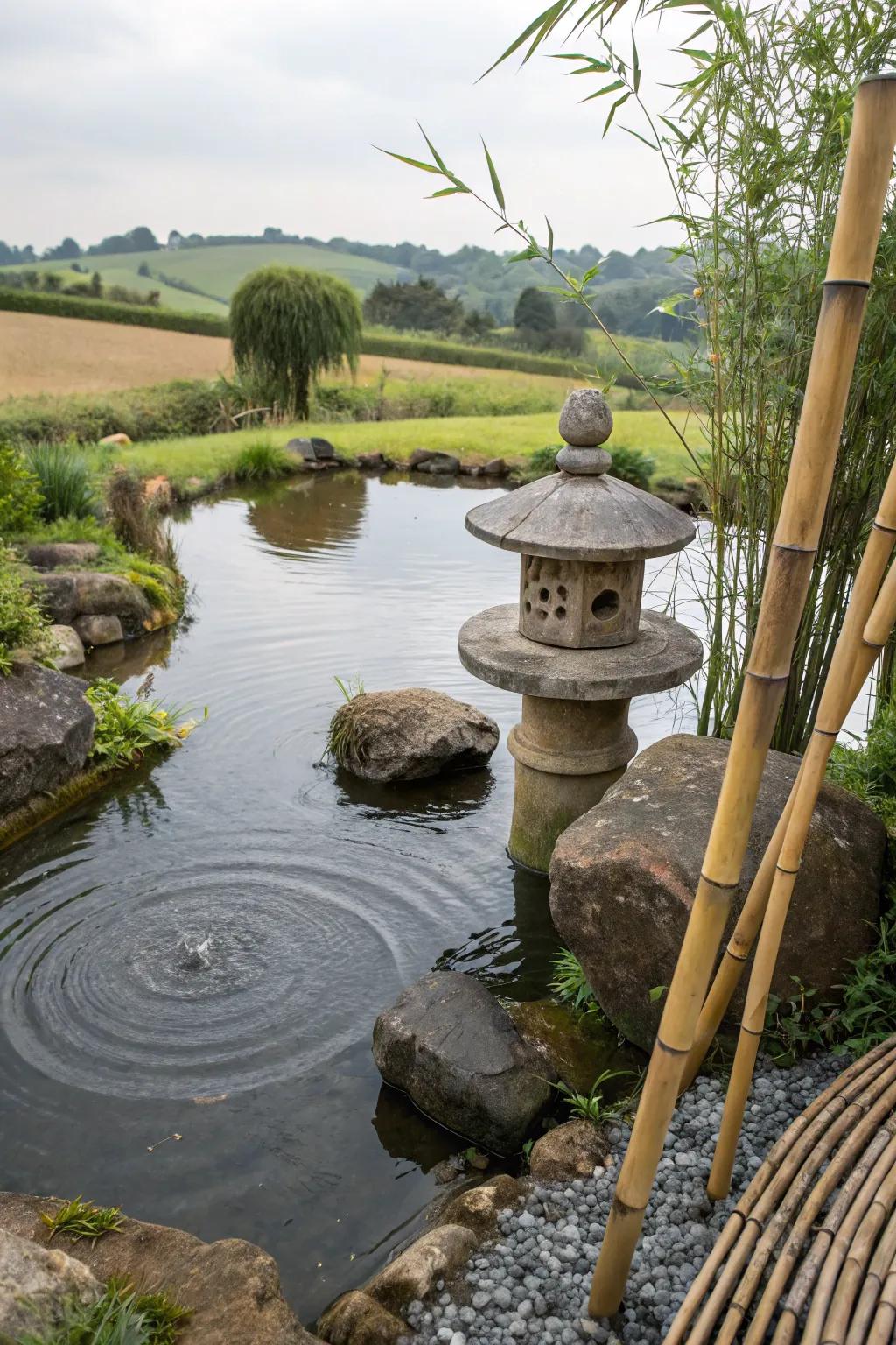 Zen elements enhance the tranquility and aesthetic of the pond area.