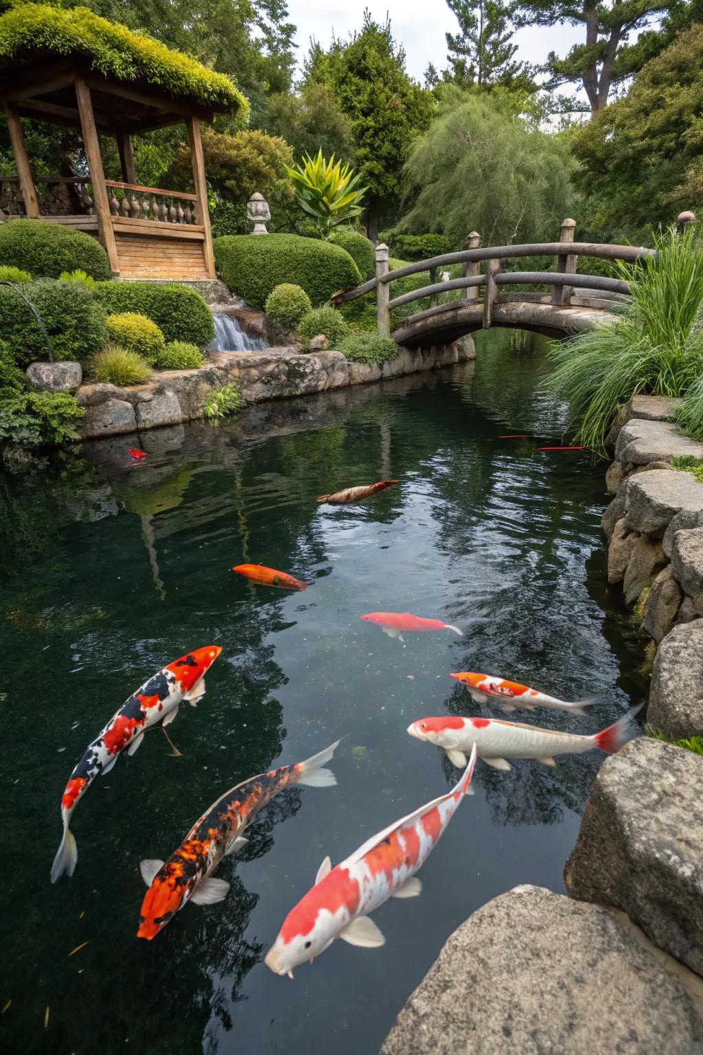 Colorful fish such as koi add life and movement to the pond.