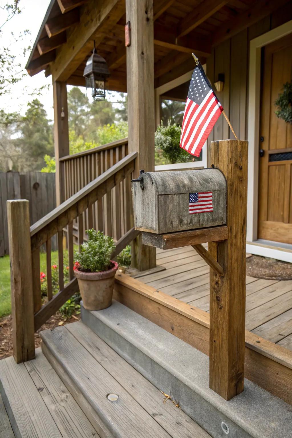 A woodgrain mailbox that adds rustic charm to the porch.