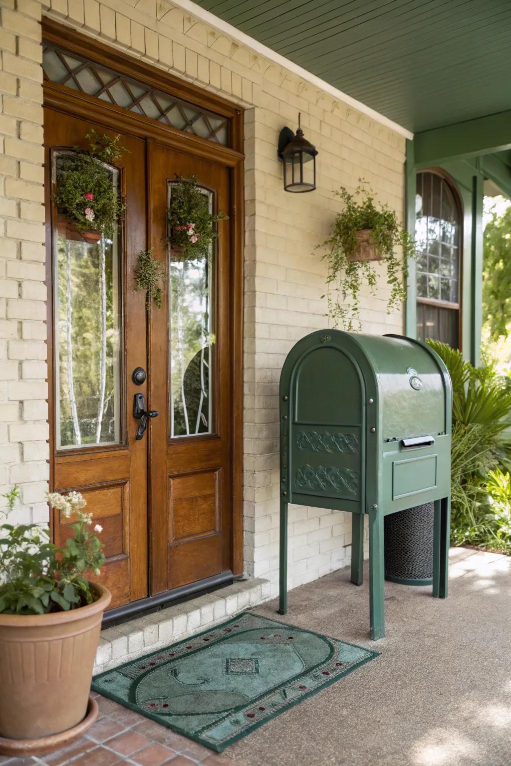 A mid-century modern mailbox that adds retro vibes to the porch.