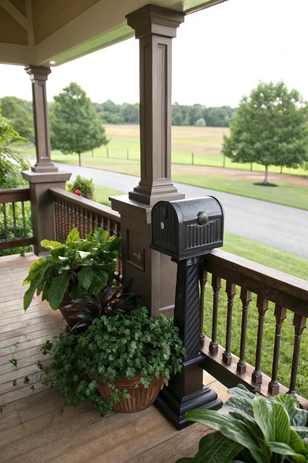 A classic black mailbox that enhances any porch decor.