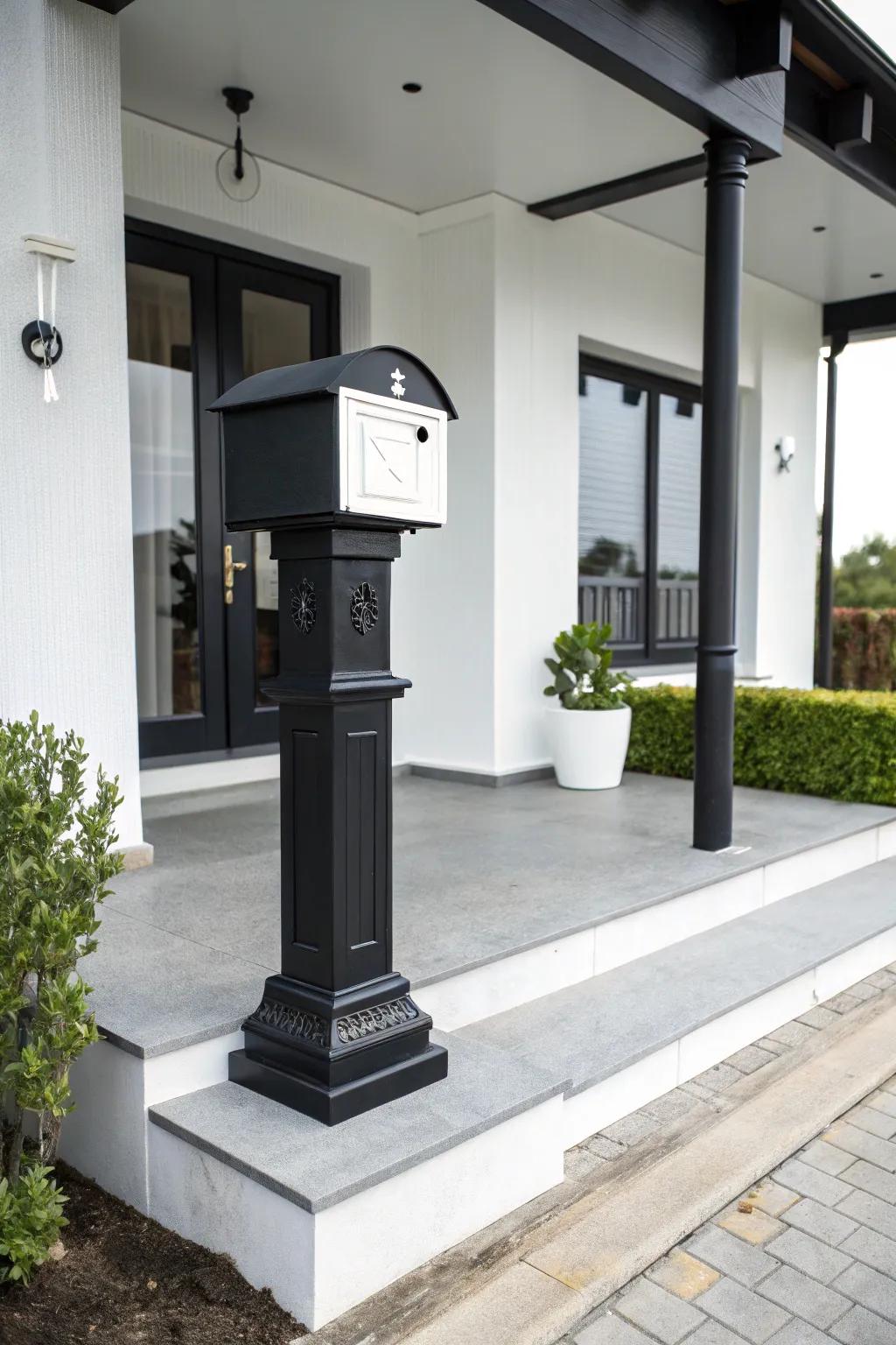 A monochrome mailbox that enhances modern porch aesthetics.