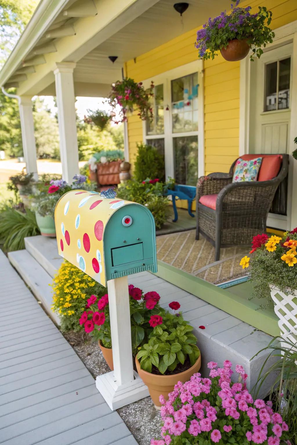 A whimsical mailbox that brings joy to the porch.