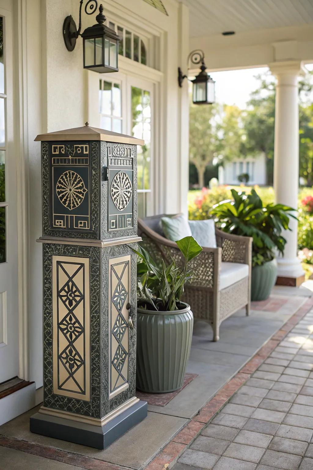 An Art Deco mailbox that adds unique flair to the porch.