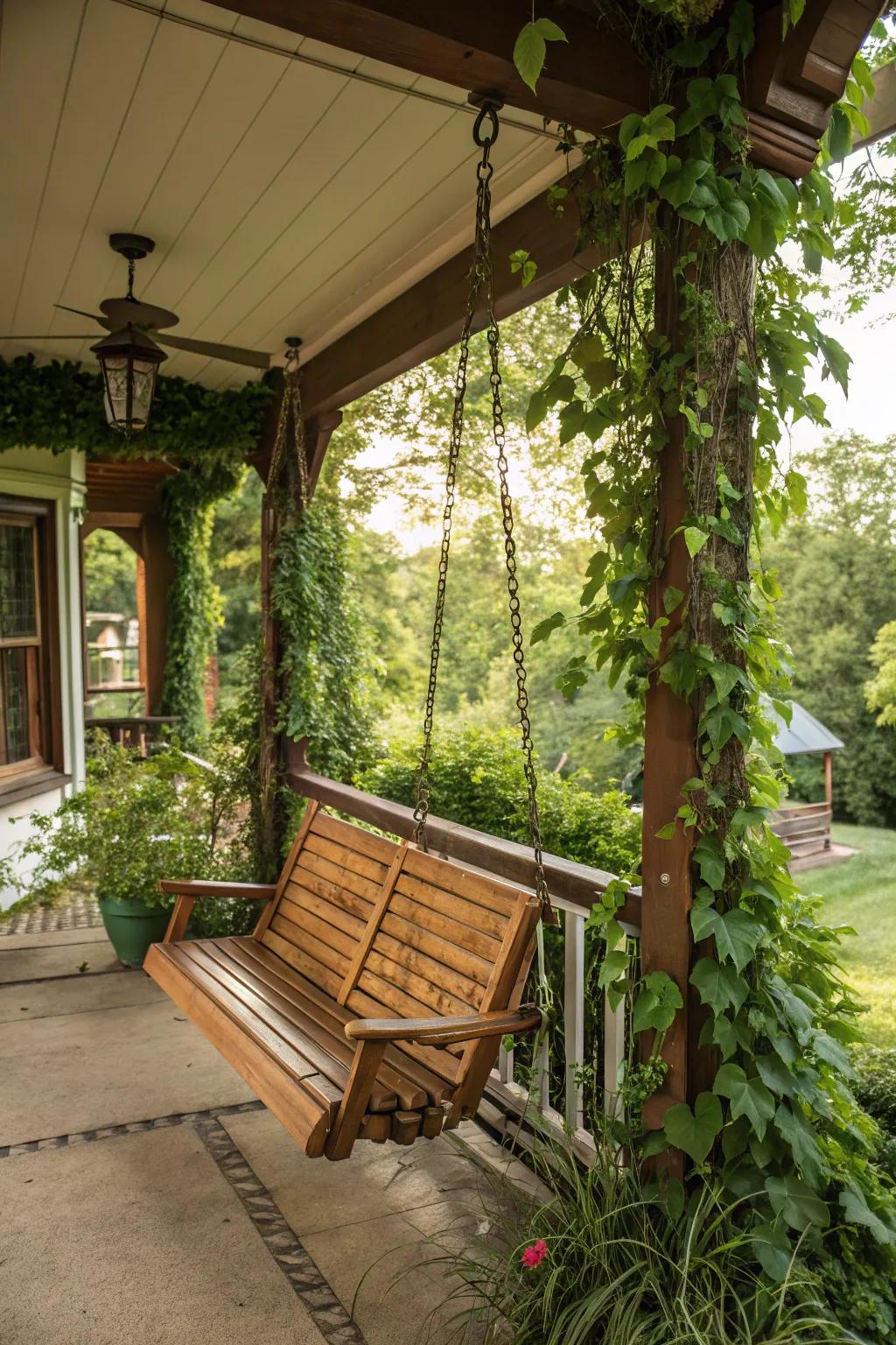 A brown porch swing offers natural warmth and blends with nature.