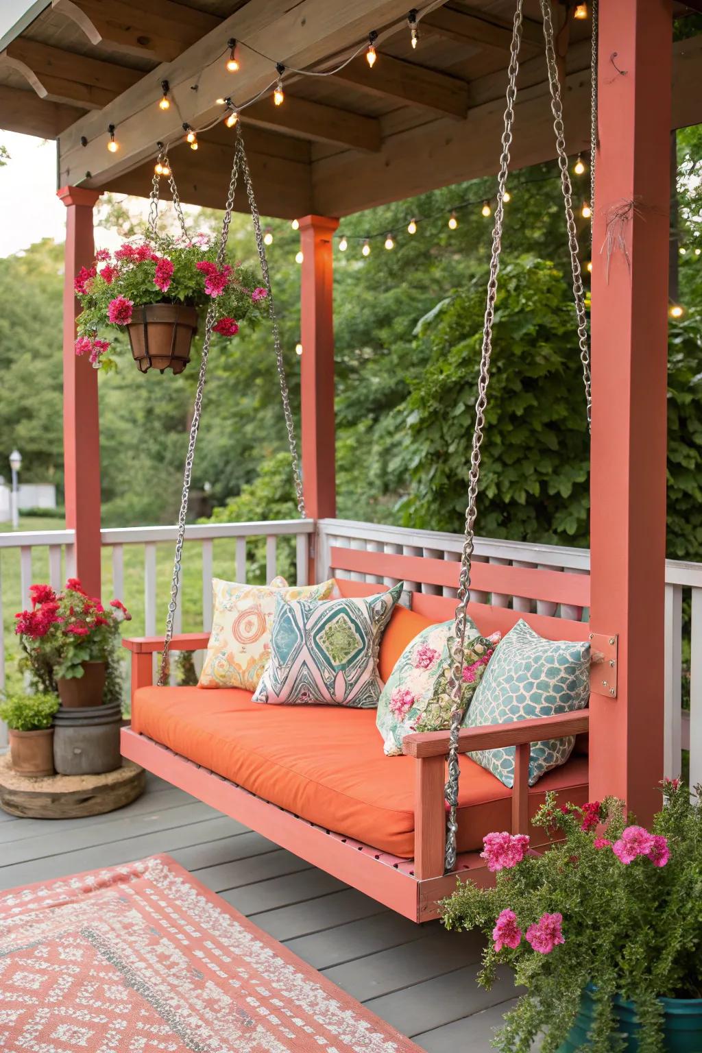 A coral porch swing brings lively energy and vibrancy to the porch.