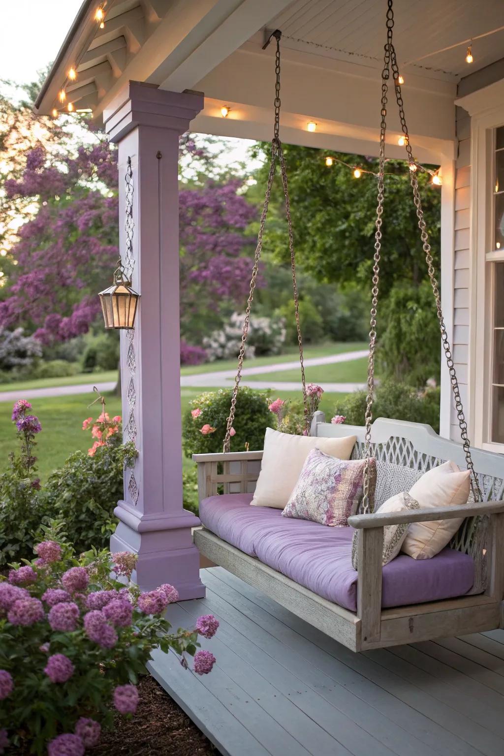 A lavender porch swing offers a calming and mystical ambiance.