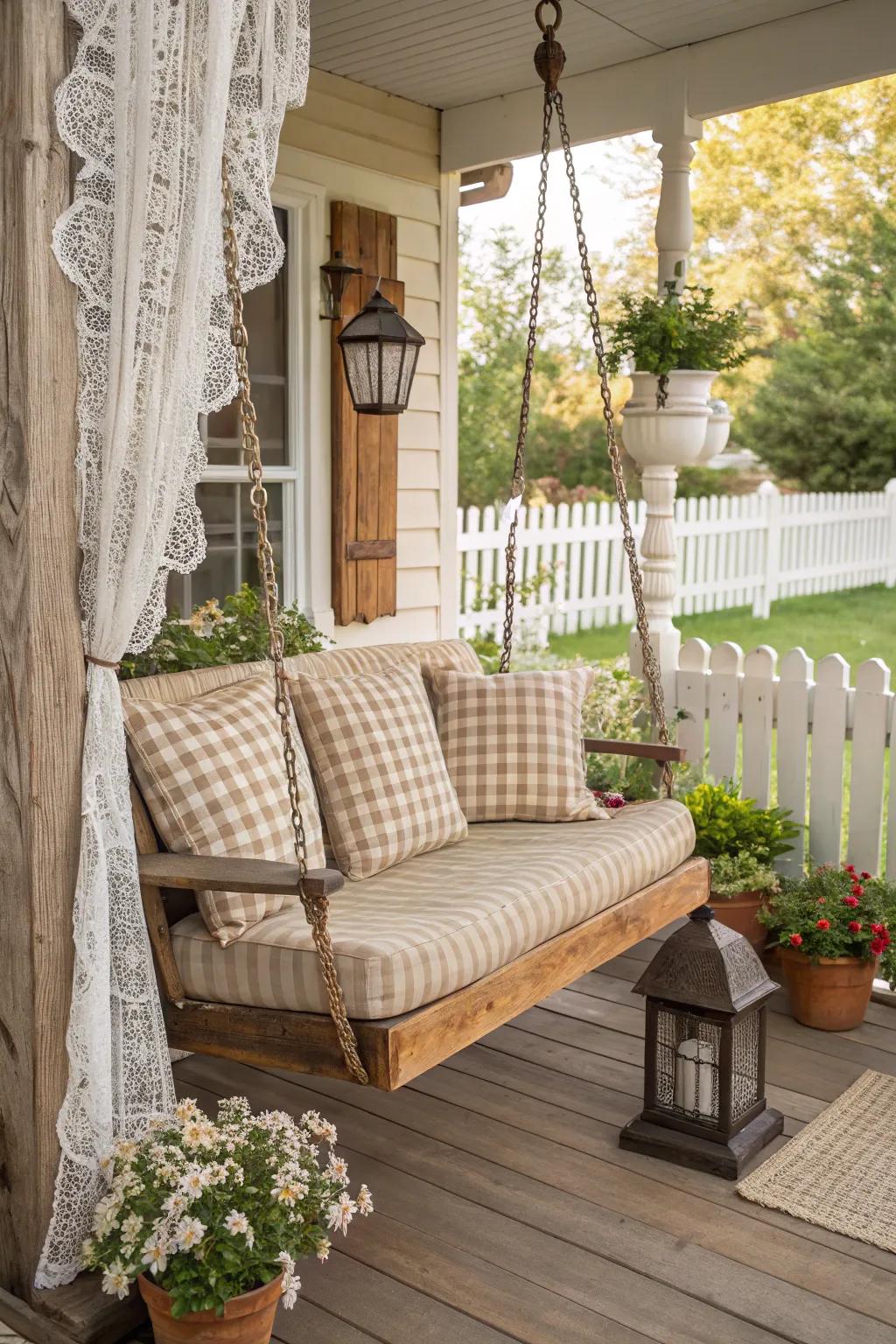 A beige porch swing provides rustic simplicity for a farmhouse ambiance.
