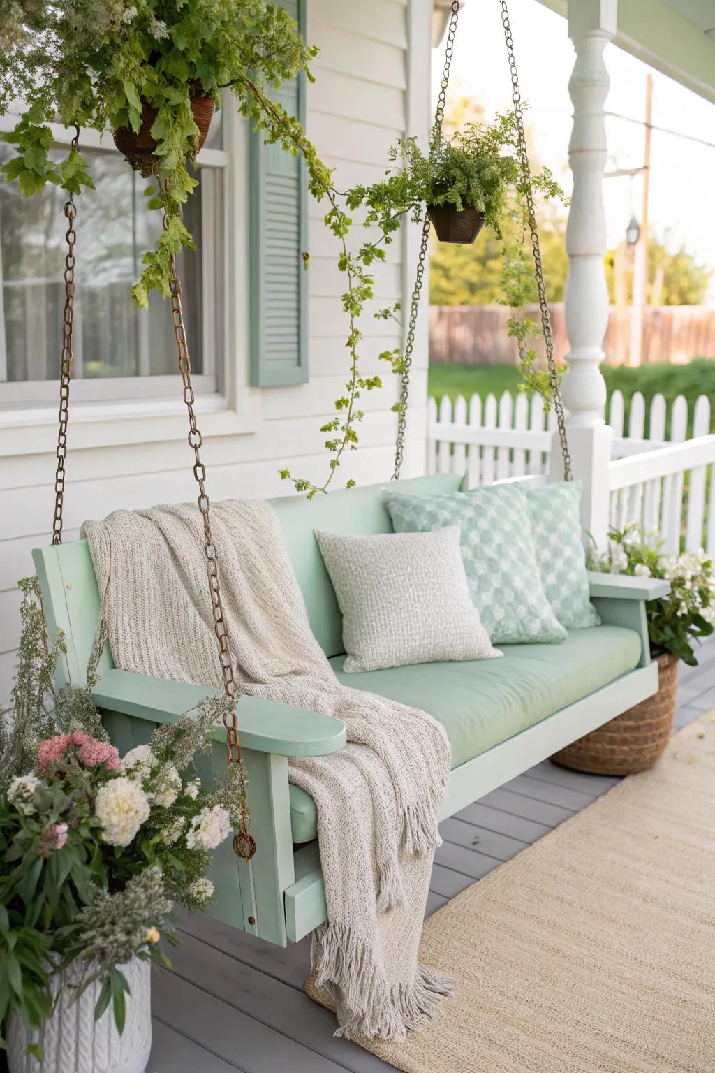 A mint porch swing provides a fresh and airy feel, ideal for small spaces.