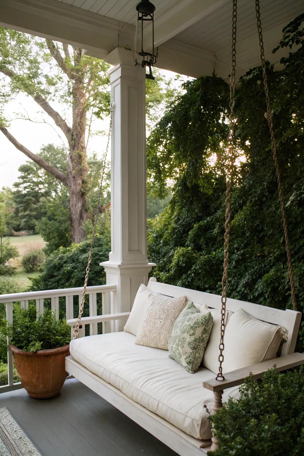 A classic white porch swing brightens up a lush, green corner.