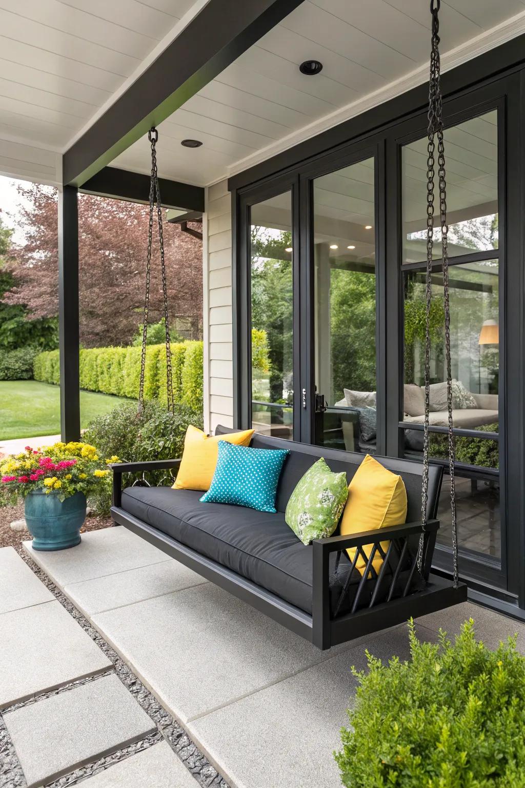 A black porch swing with vibrant cushions offers a modern touch.