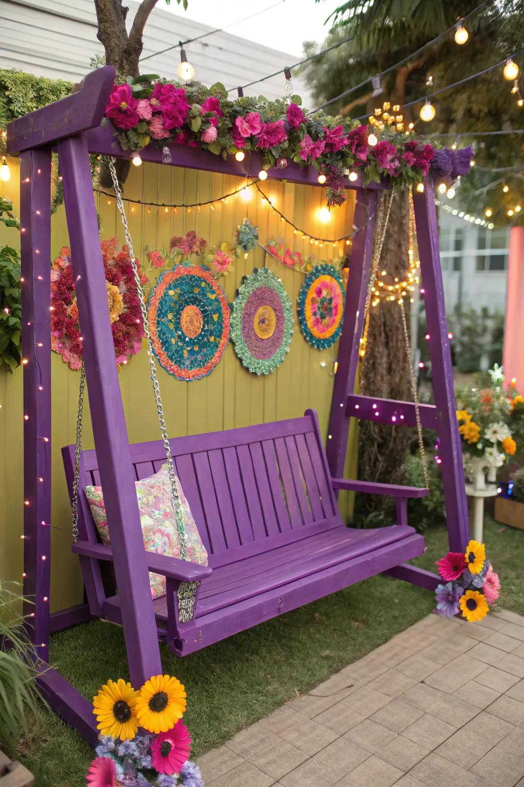 A purple porch swing adds a creative and artistic flair to the porch.