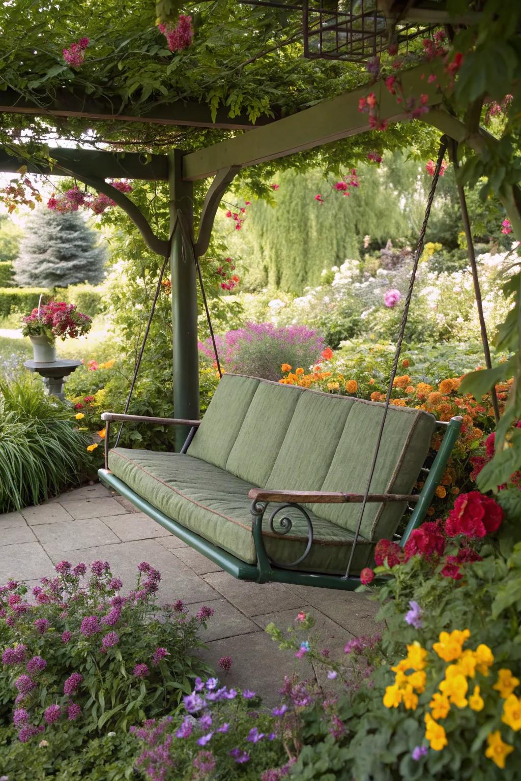 A green porch swing harmonizes with the surrounding garden for a natural look.