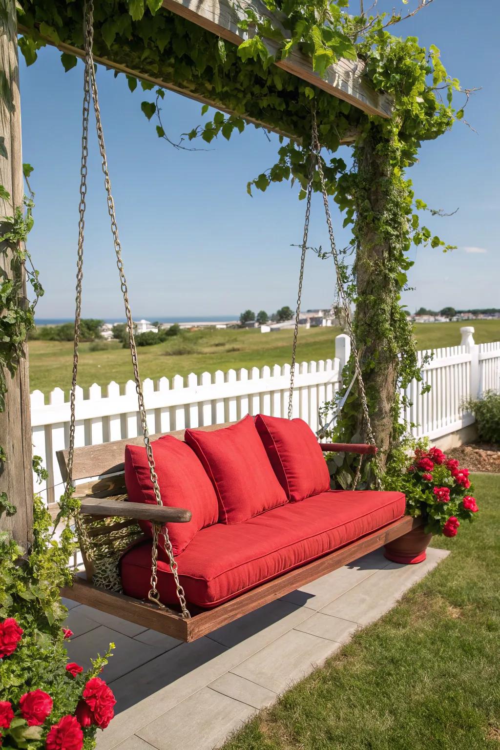 A bold red porch swing adds a fiery statement to any porch.