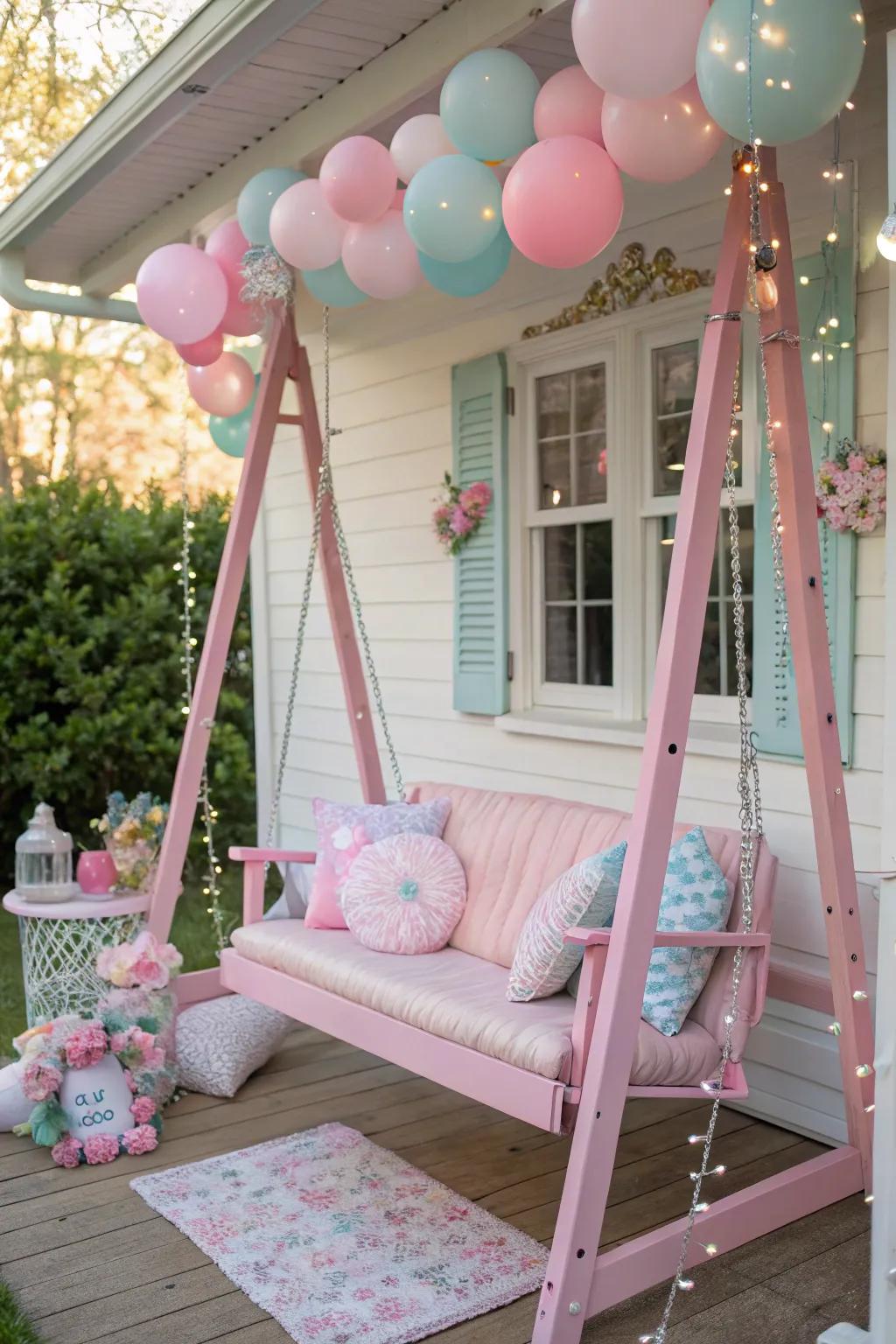 A pink porch swing adds a touch of charm and whimsy to the outdoor setting.