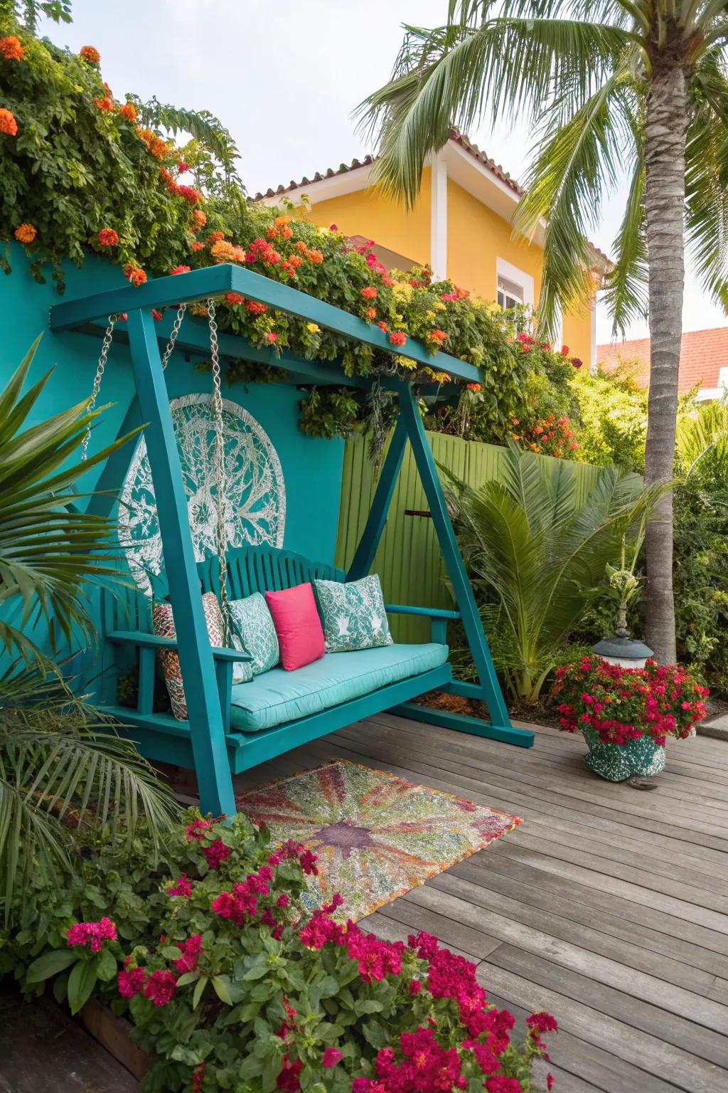 A turquoise porch swing adds a vibrant tropical flair to the porch.