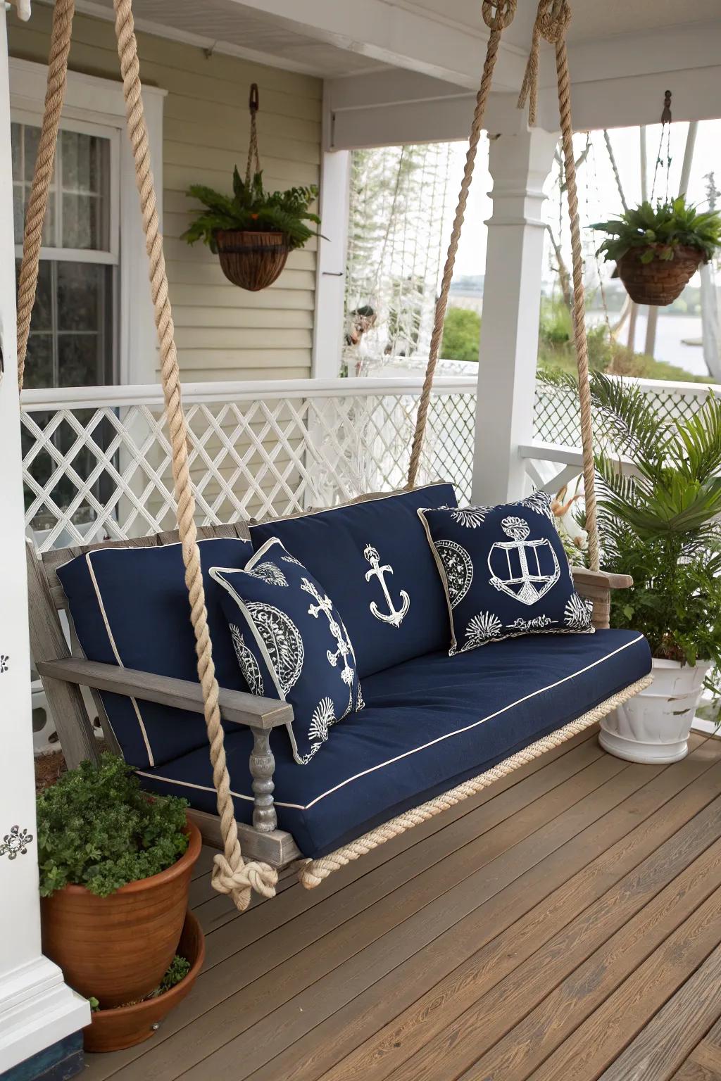 A navy porch swing adds depth and a classic nautical vibe.