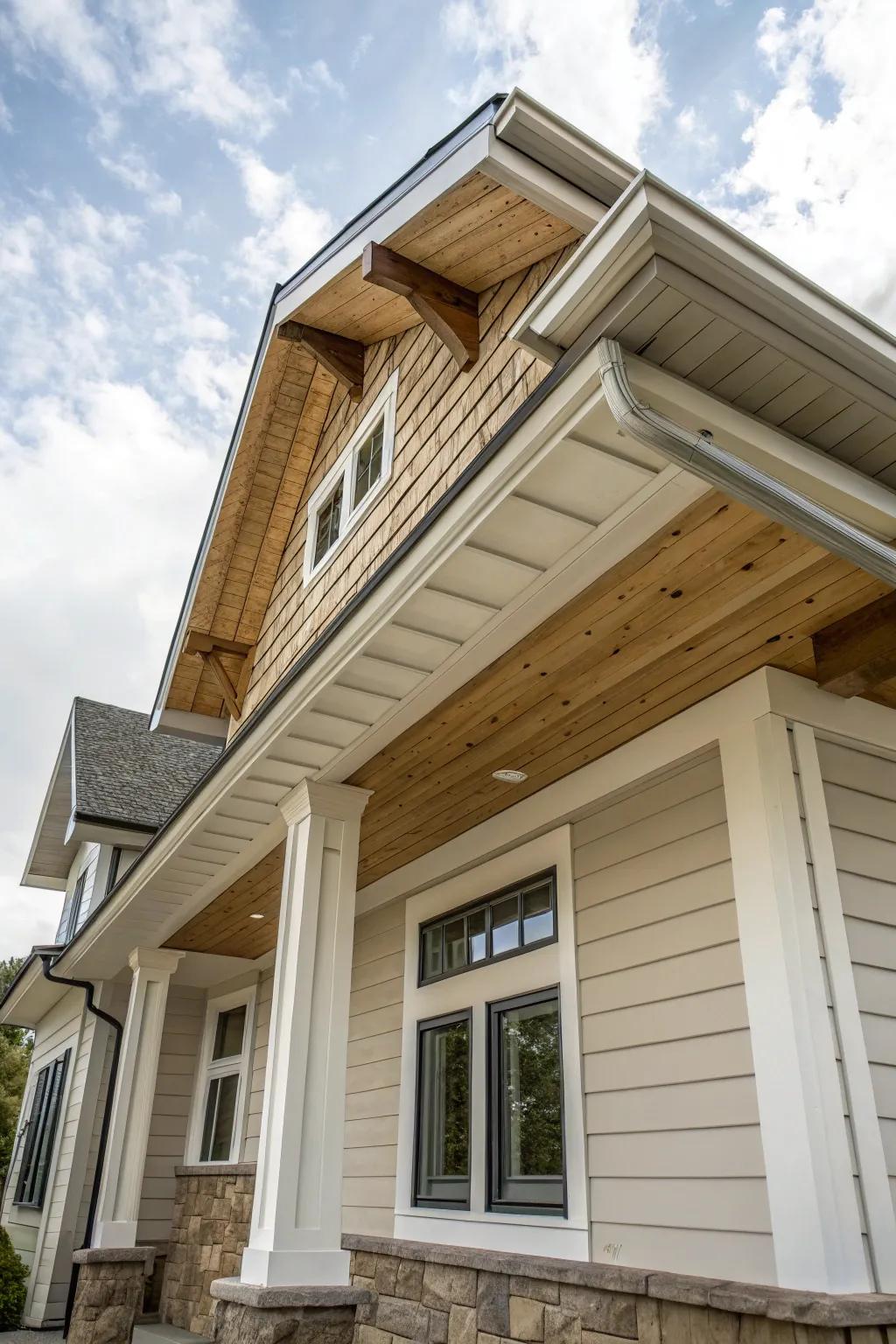 Shiplap soffits under roof eaves, offering texture and sophistication.