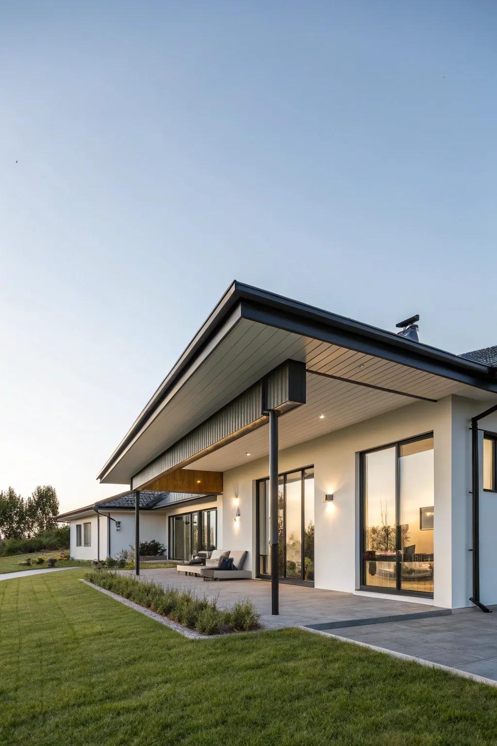 A modern home featuring minimalist roof eaves that blend seamlessly with the sky.