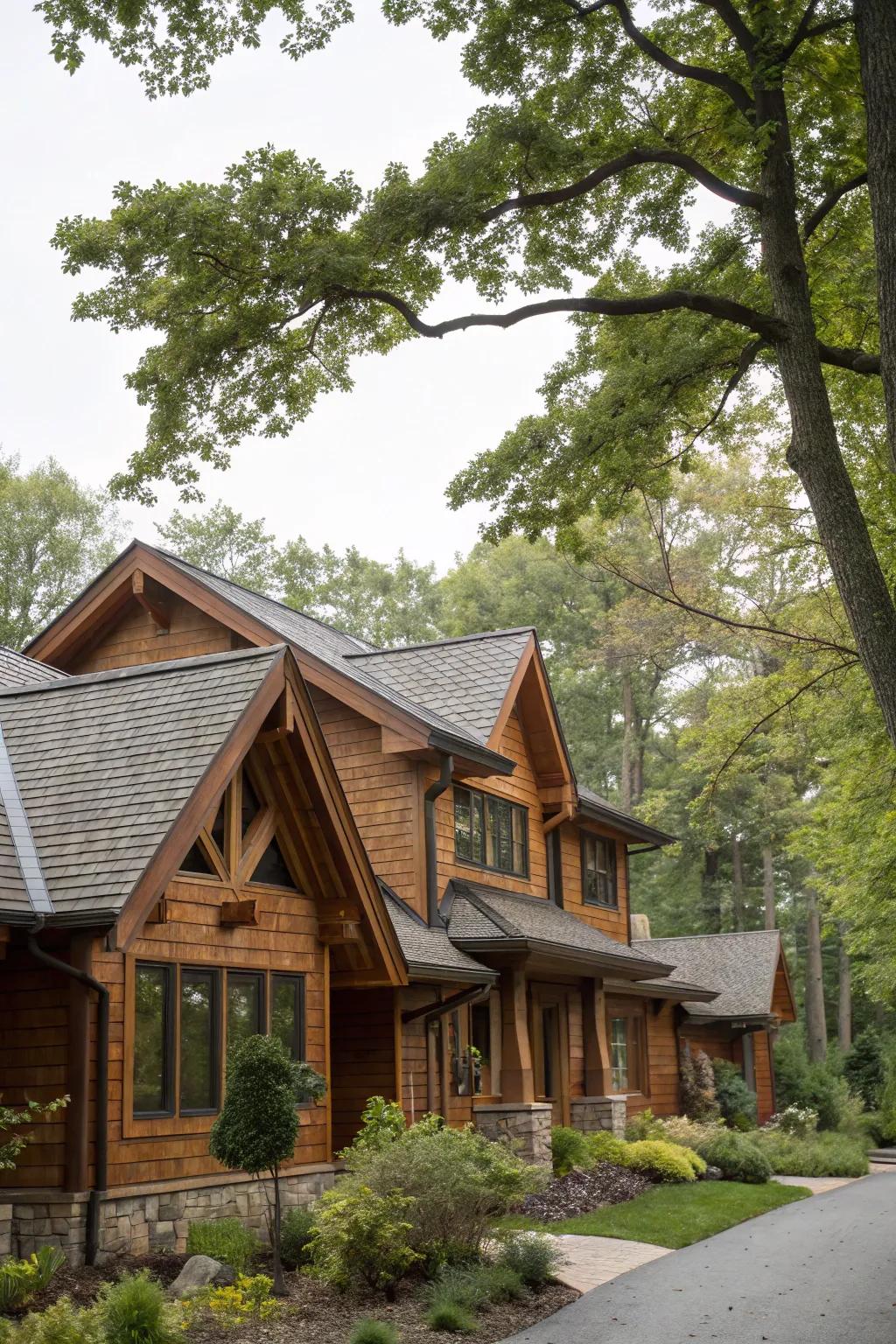 Roof eaves in warm wood finishes, offering a cozy touch to the home.