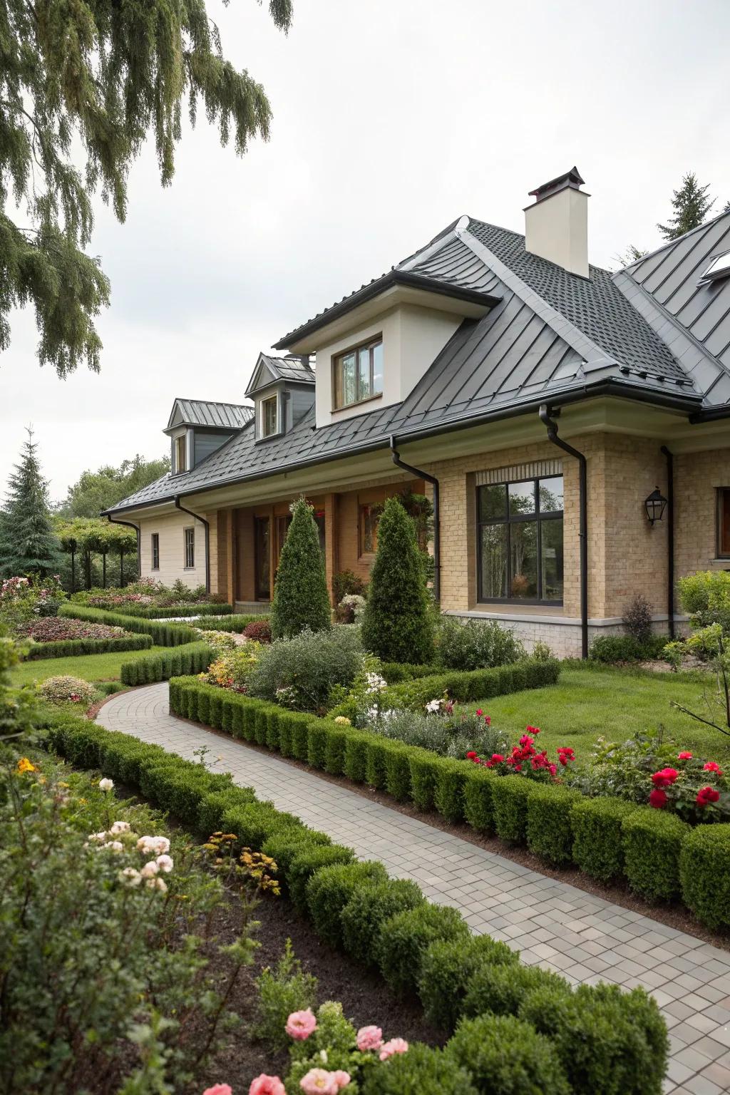 Roof eaves with sleek metal accents, adding a modern touch to the home.