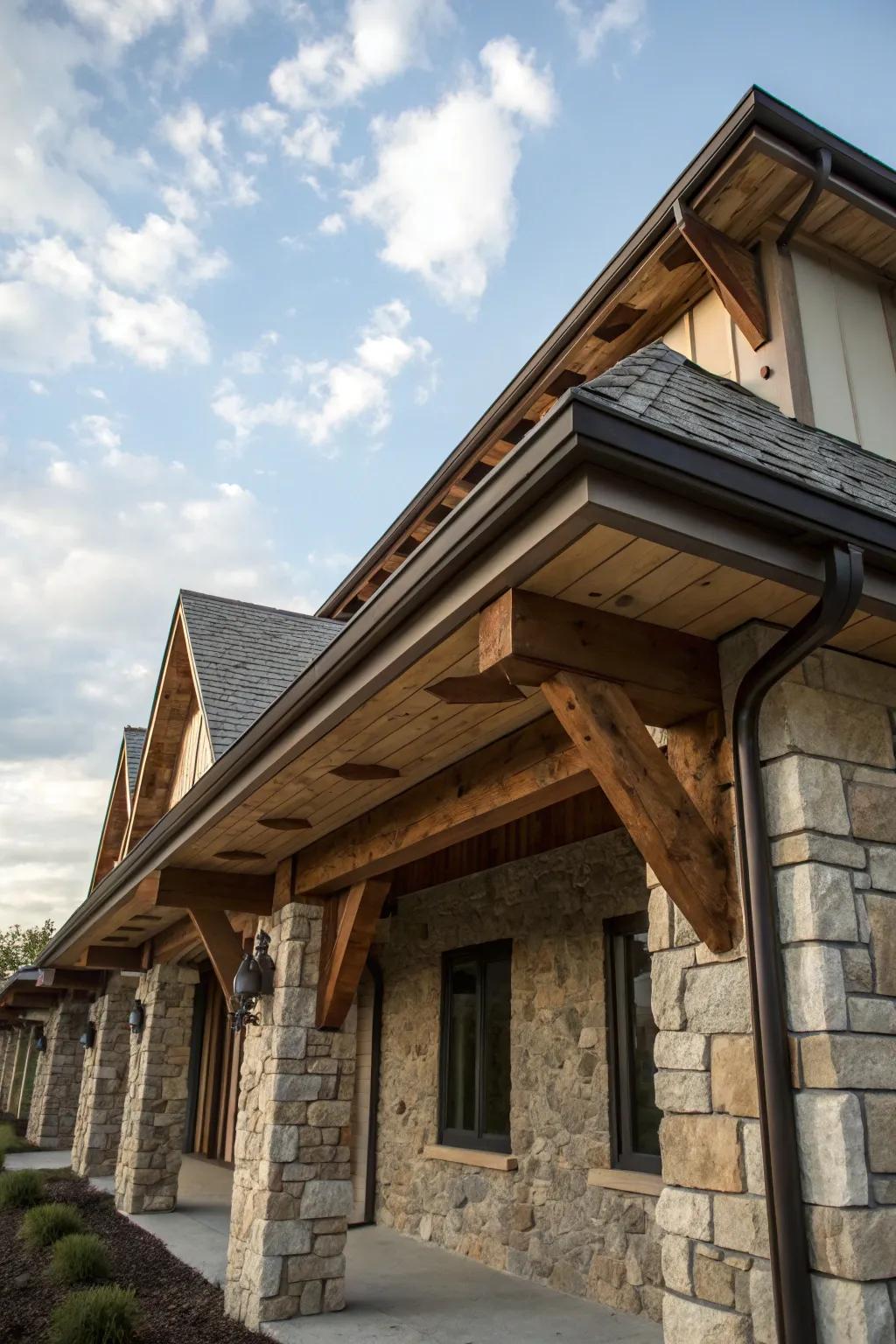 Roof eaves adorned with natural stone accents, adding a rustic charm.