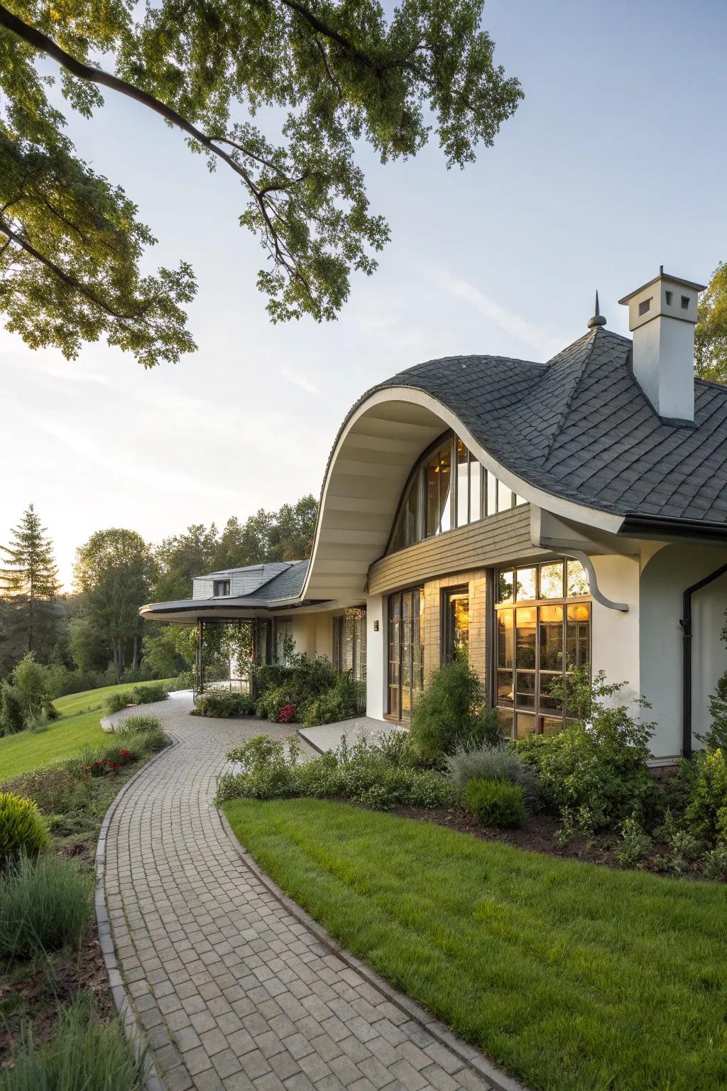 A home featuring gracefully curved eaves, offering a unique architectural flair.