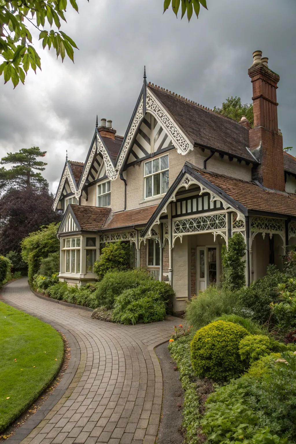 A traditional home with intricate decorative trusses adding elegance to the eaves.