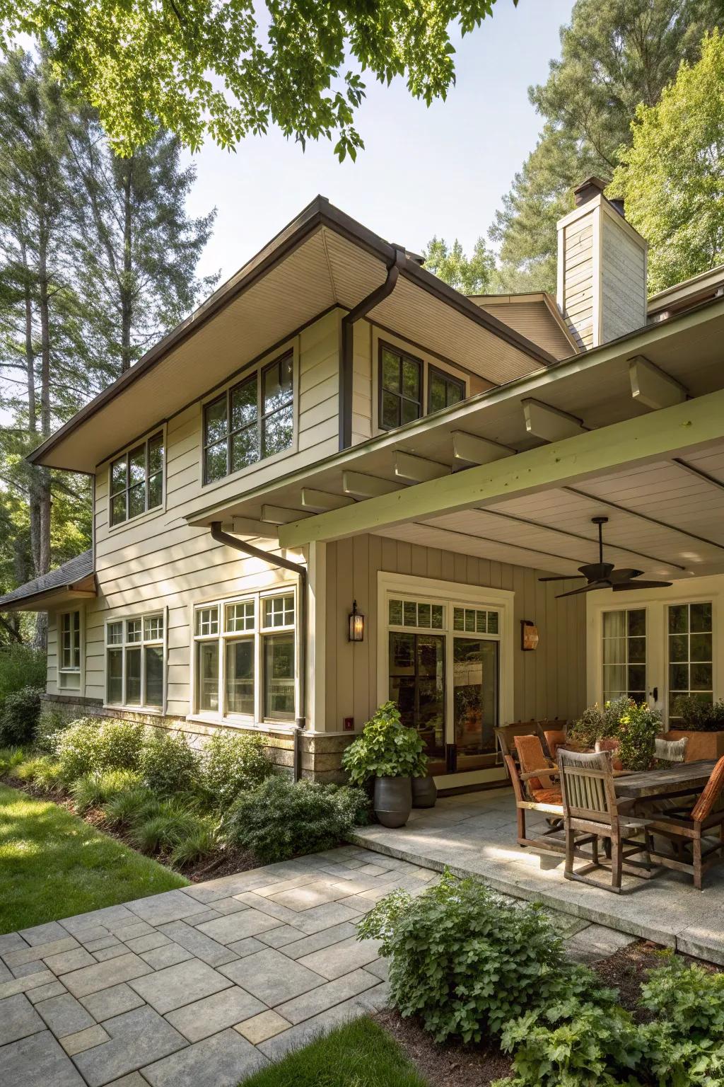 A home with wide eaves offering shade, perfect for sunny climates.