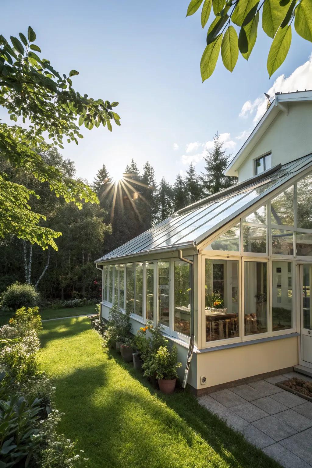 Glass roof eaves allowing natural light to illuminate the home's exterior.