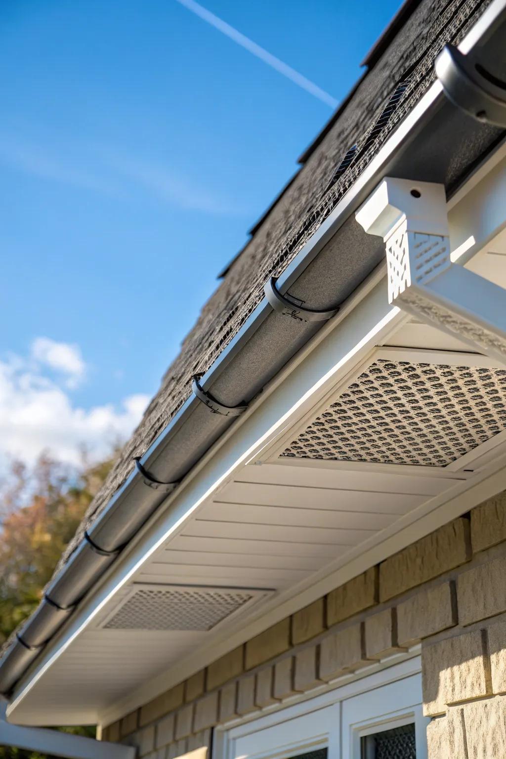 A close-up of vented soffits under roof eaves, enhancing ventilation.