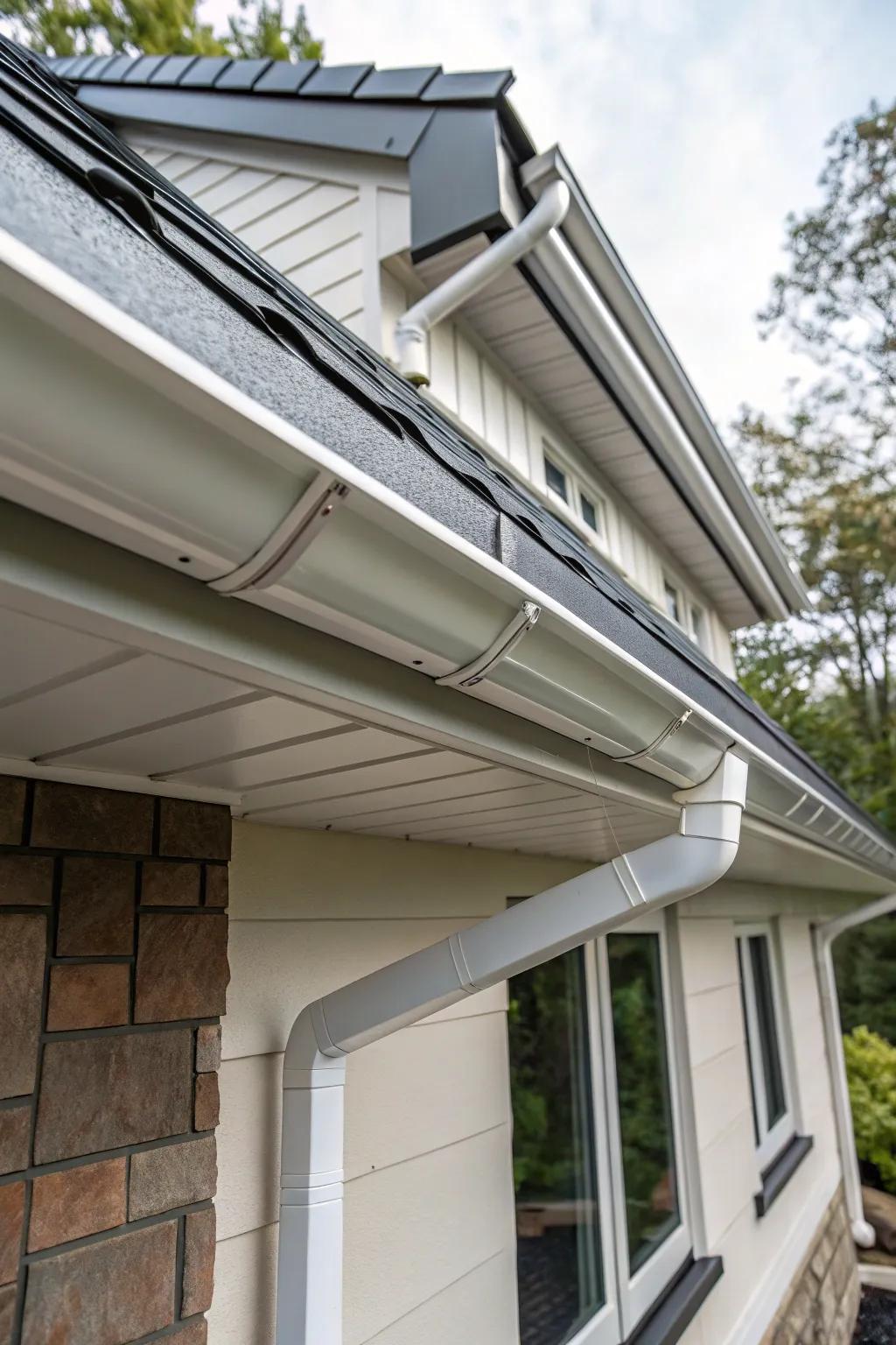 Close-up of integrated gutters that blend seamlessly within the roof eaves.