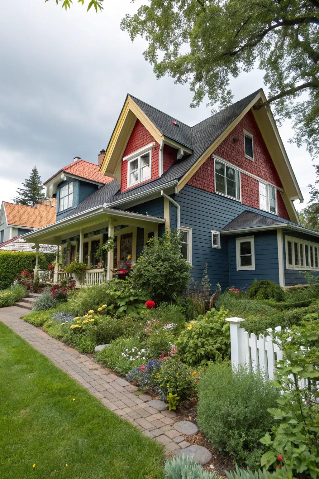 A home featuring contrasting soffits that highlight the eaves, enhancing its garden setting.