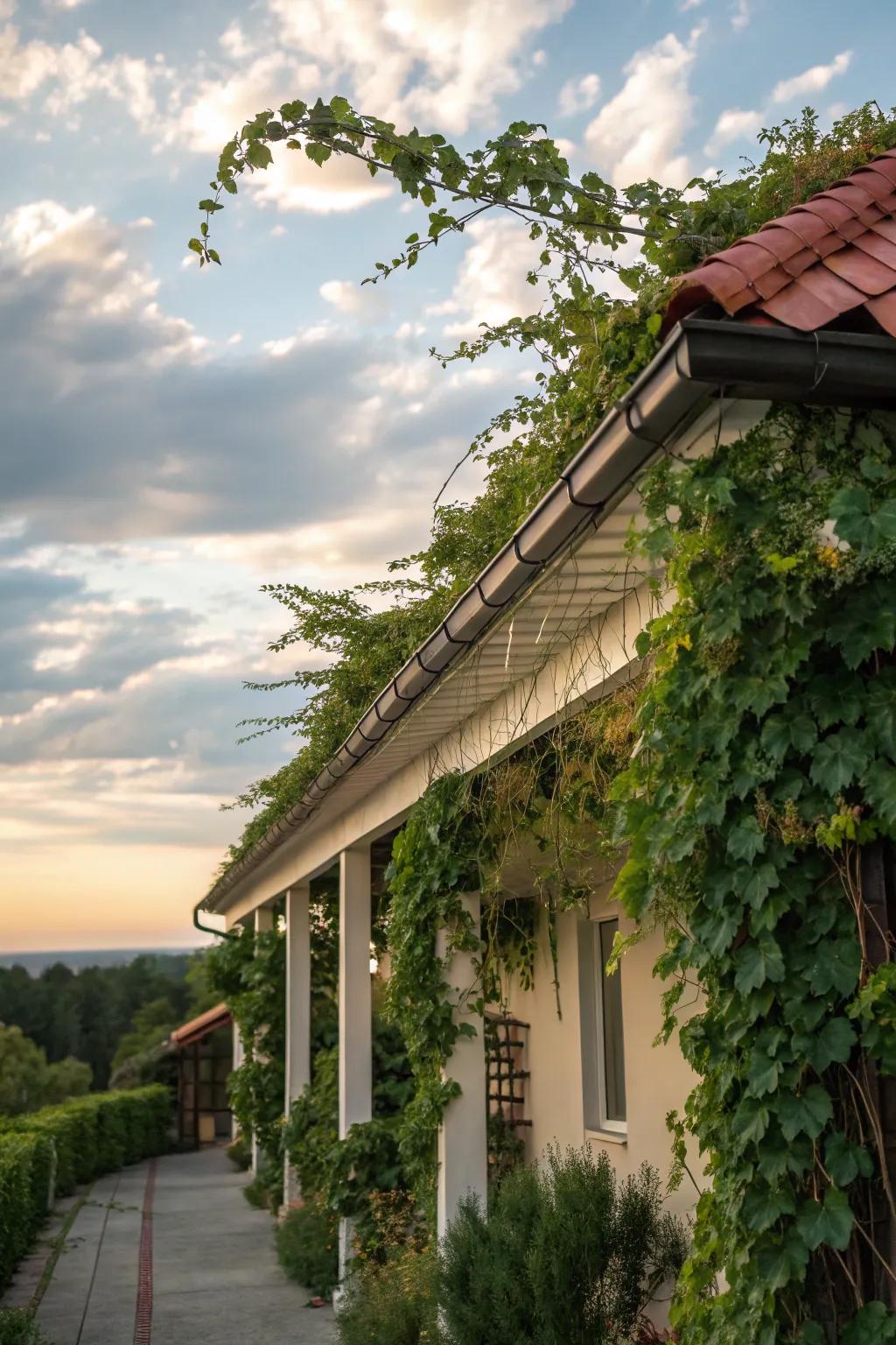 Eaves enhanced by trellised vines, integrating nature into the home's design.