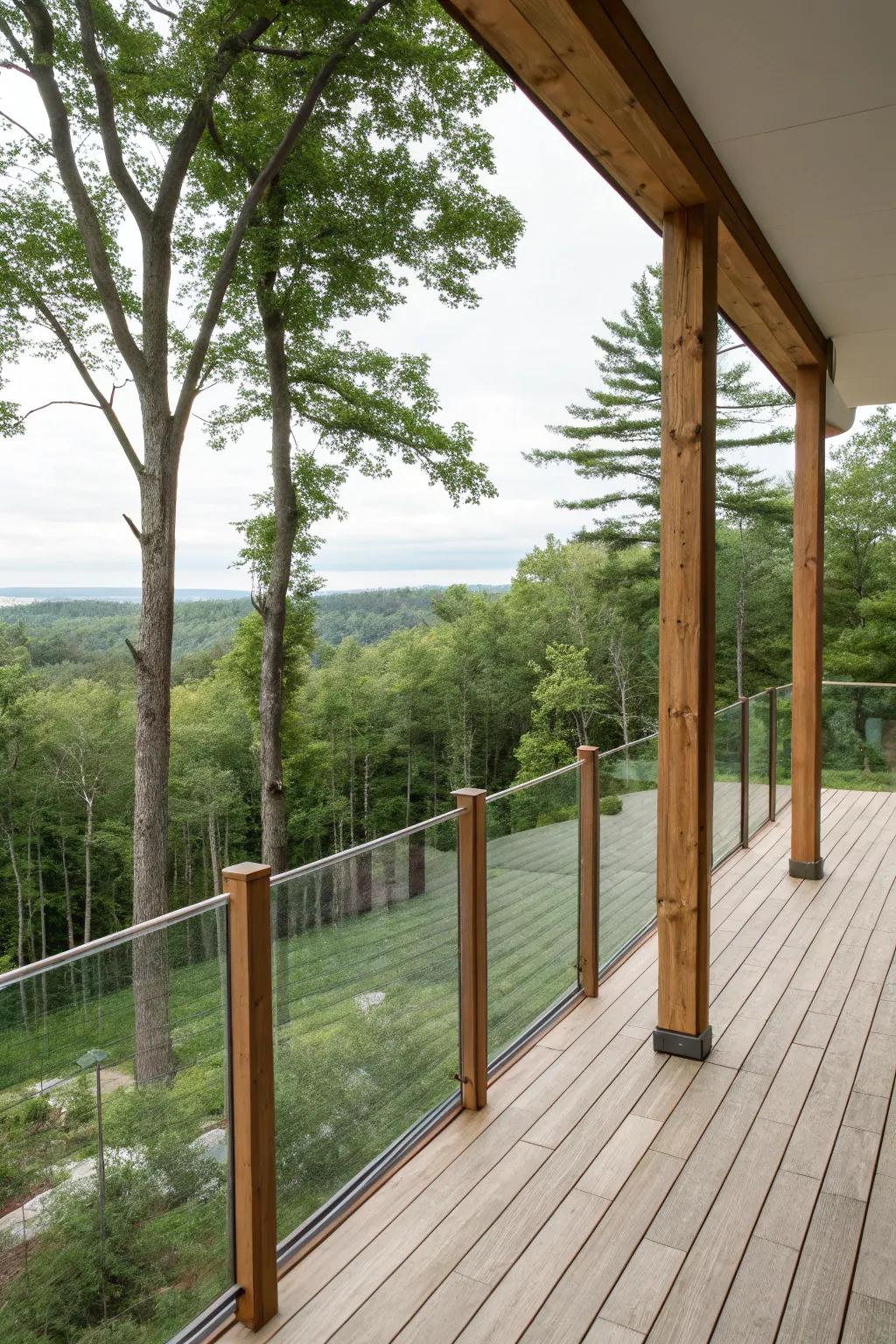 Wood and glass railings blend with the forest backdrop.