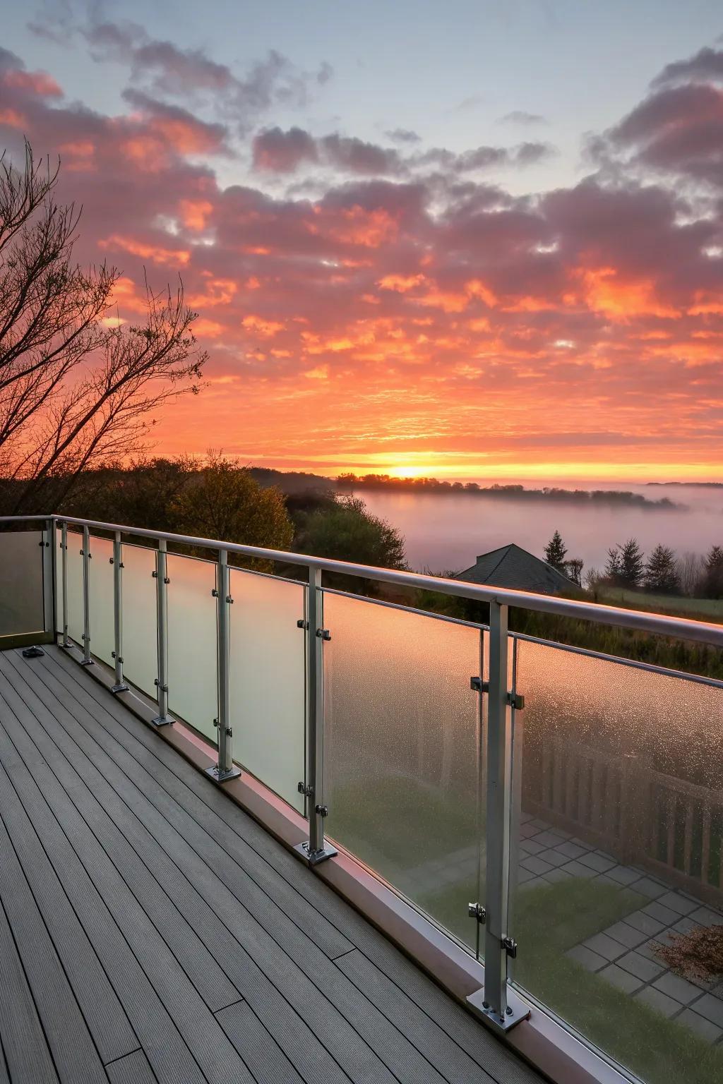 Frosted glass railings create soft light effects.