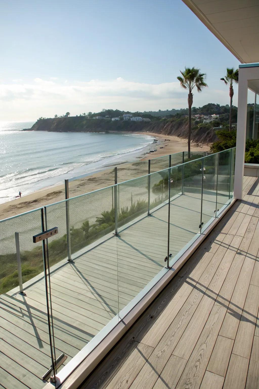 Frameless glass railings for a seamless coastal view.