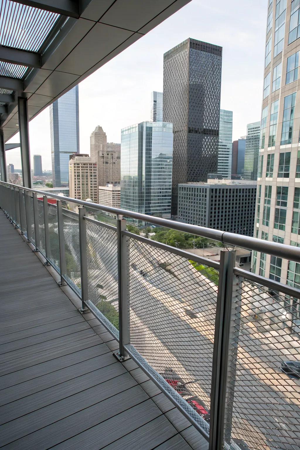 Steel mesh railings for a modern aesthetic.