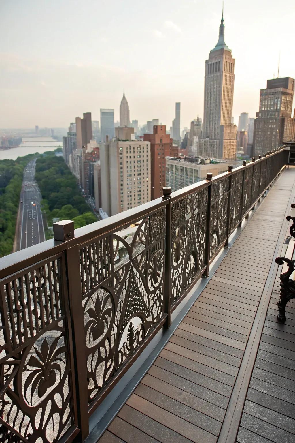 Metal railings with artistic designs add a creative touch.