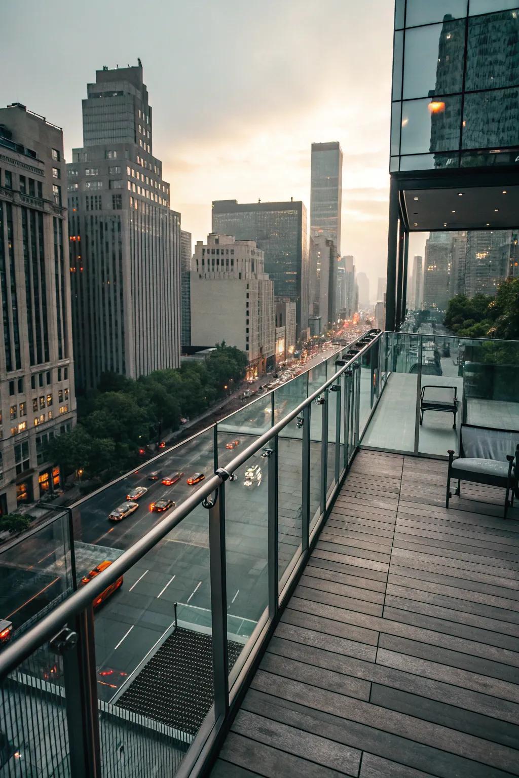 Tinted glass railings provide privacy in urban areas.