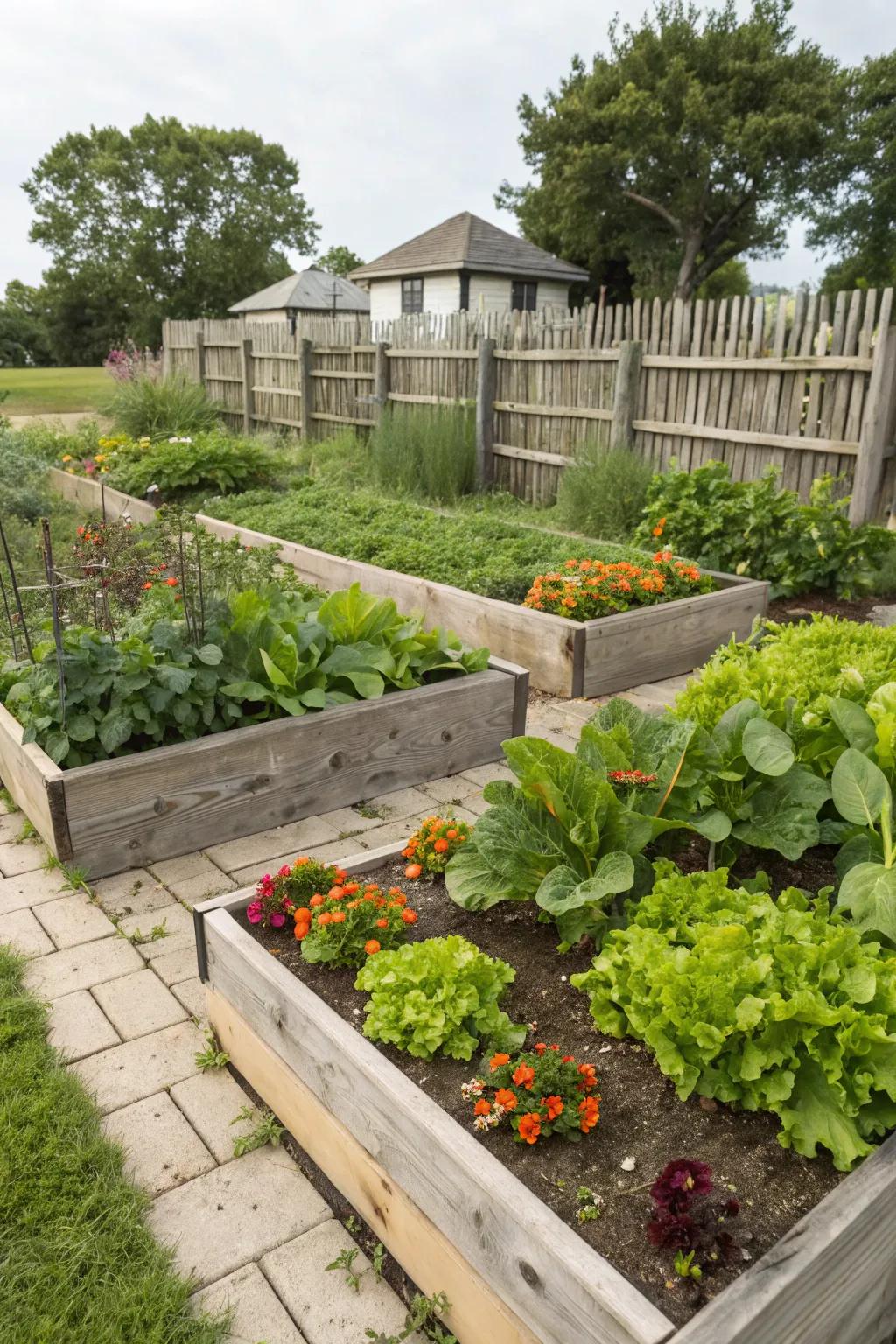 Raised beds filled with vibrant vegetables and herbs.