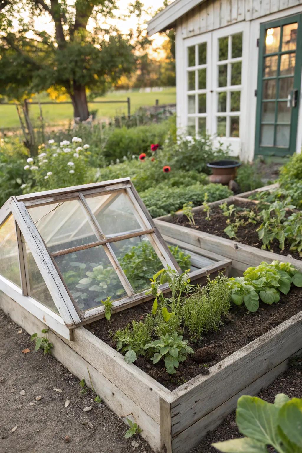 DIY cold frames extending the growing season and plant protection.