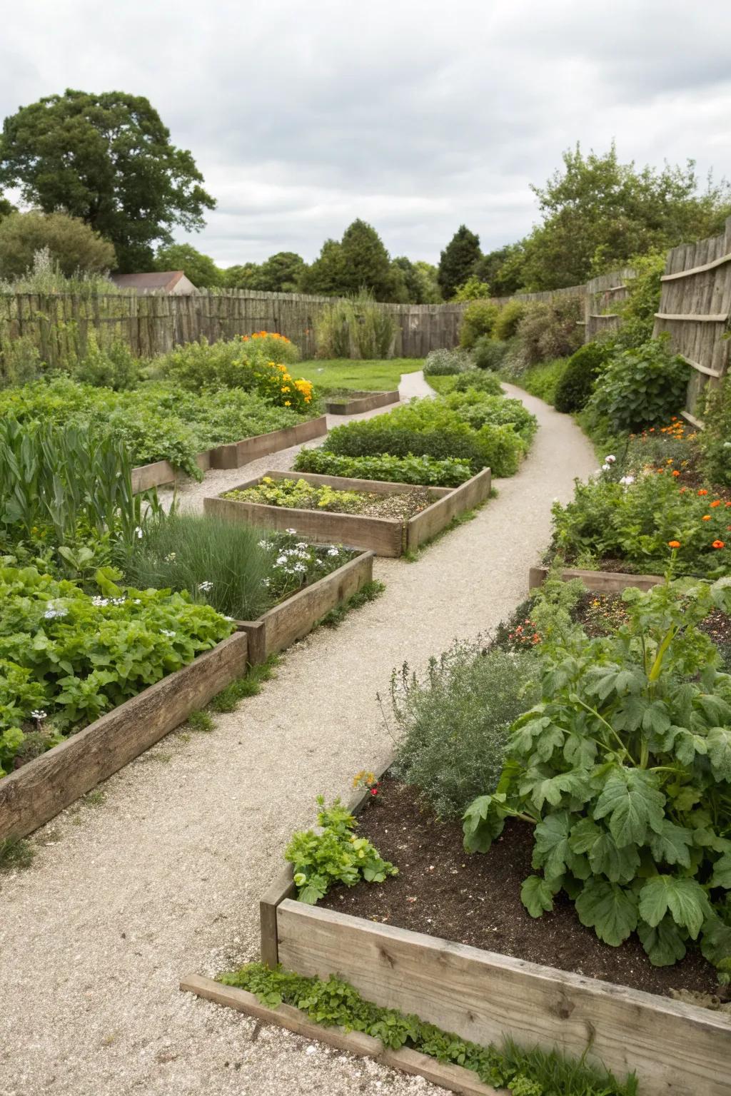 Gravel pathways meandering through a well-organized kitchen garden.