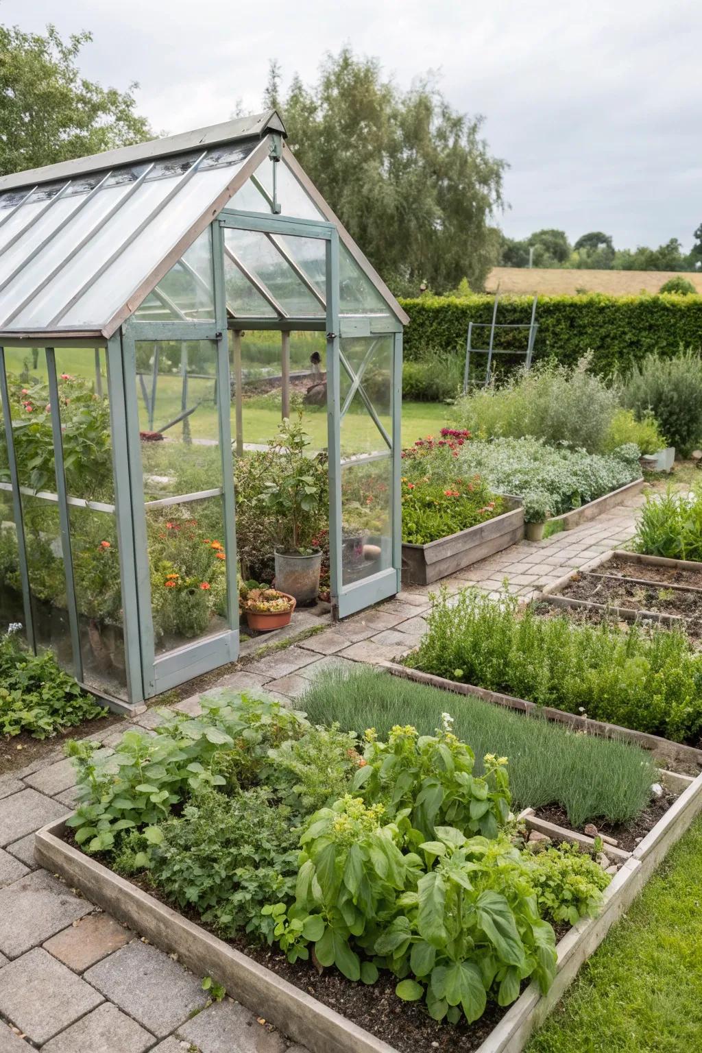 A greenhouse extending the growing season in a kitchen garden.