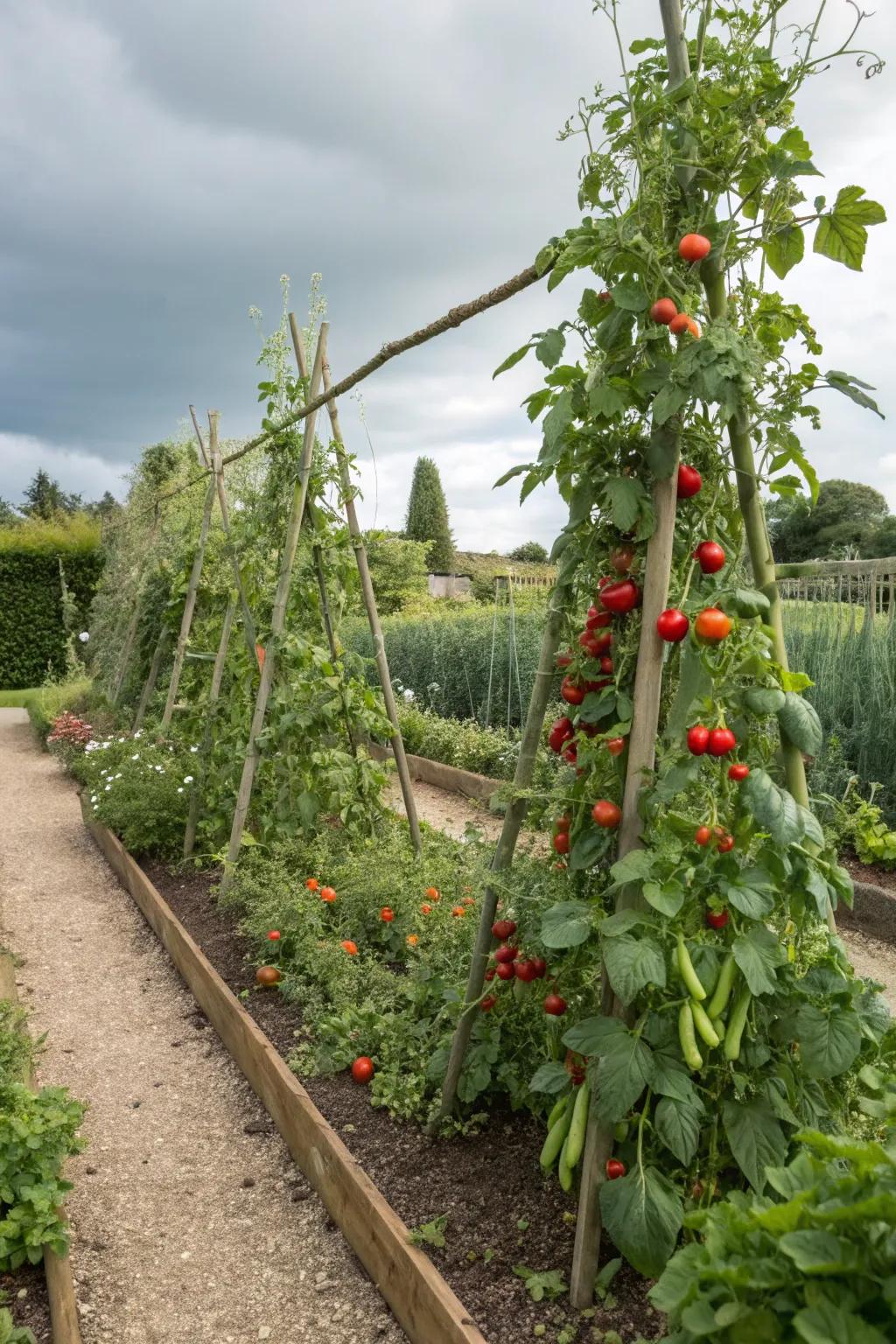 Trellises supporting lush climbing plants in a kitchen garden.