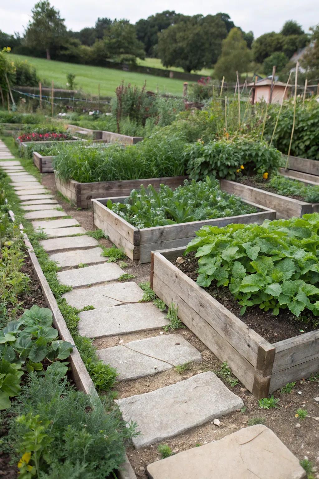 Natural materials like wood and stone enhancing the garden's aesthetic.