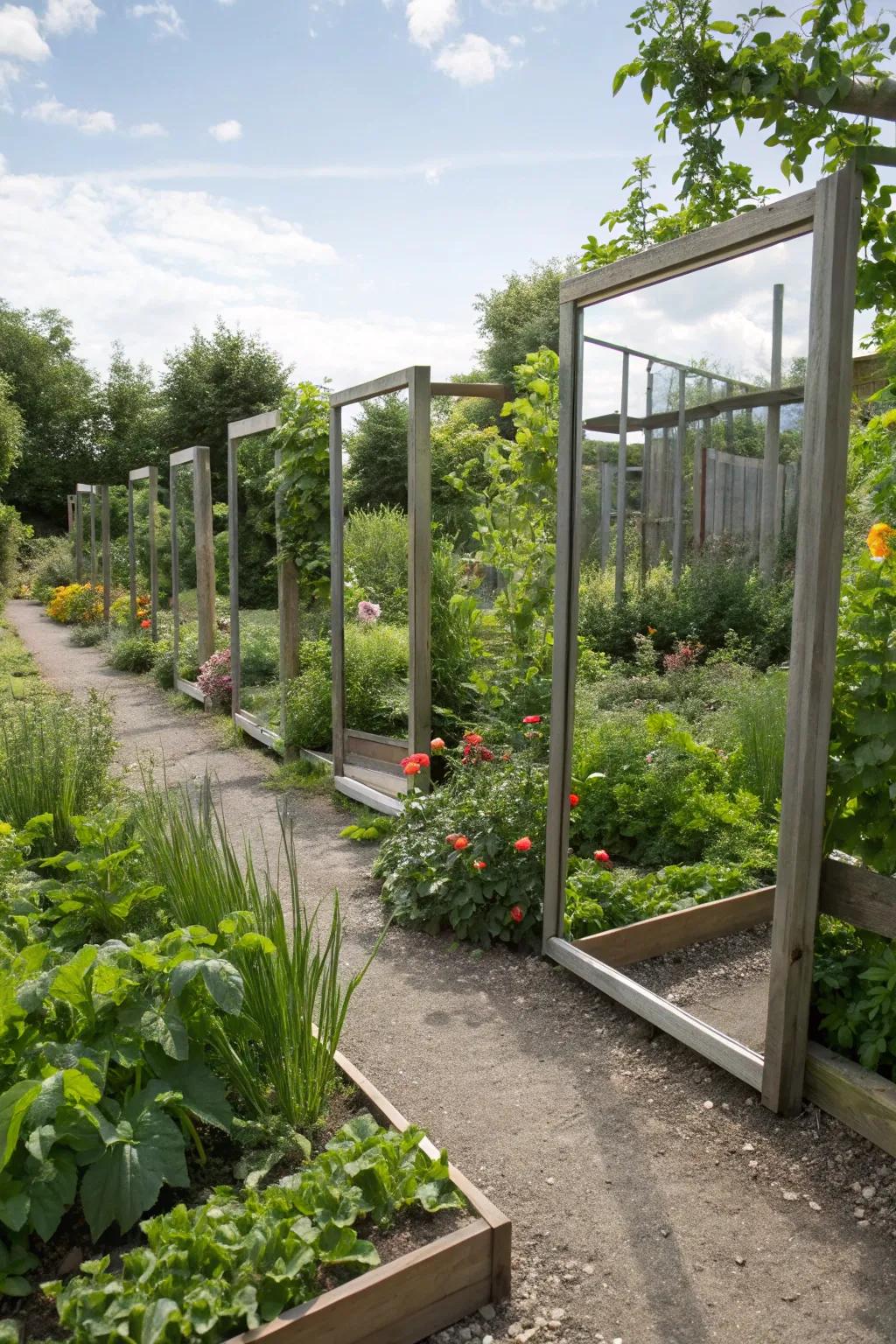 Mirrors enhancing the perception of space in a garden.