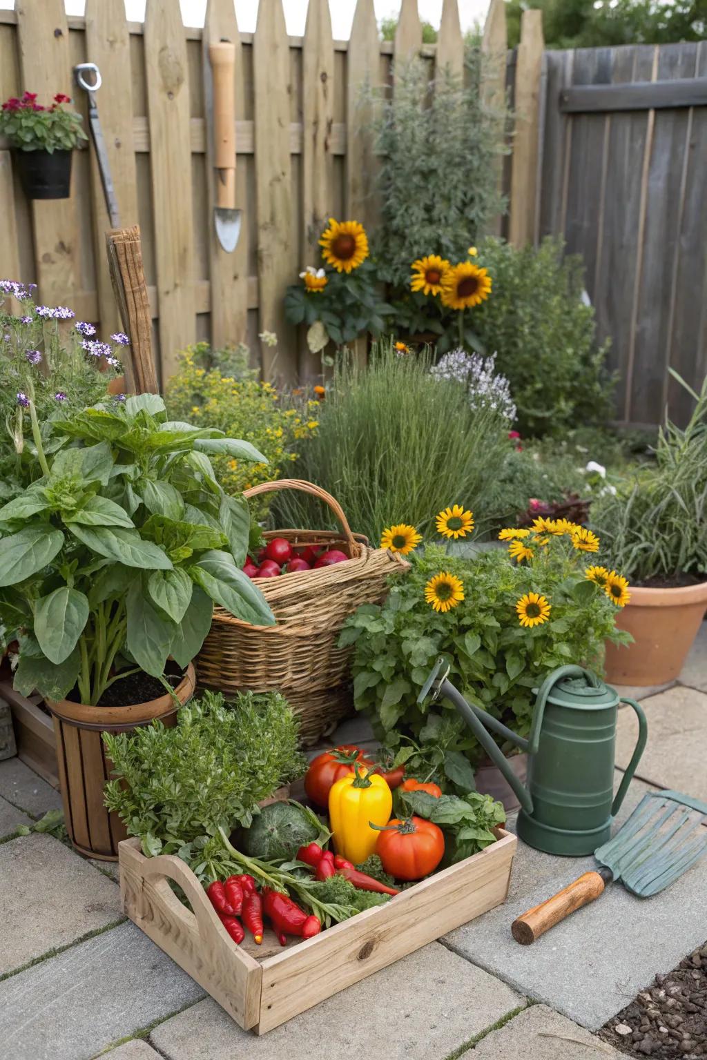 A colorful mix of different plants creating a vibrant kitchen garden.