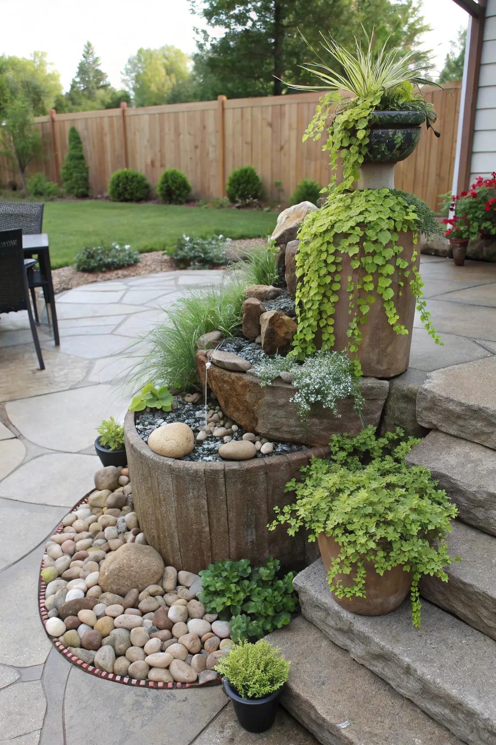 A cascading rock garden that adds movement and beauty.